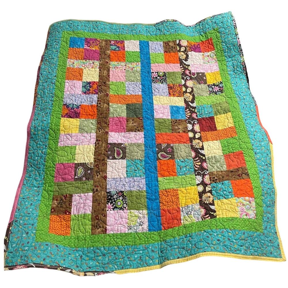 Handmade Patchwork Quilt Log Cabin Pattern Colorful Fabric Artisan Made 41 x 34